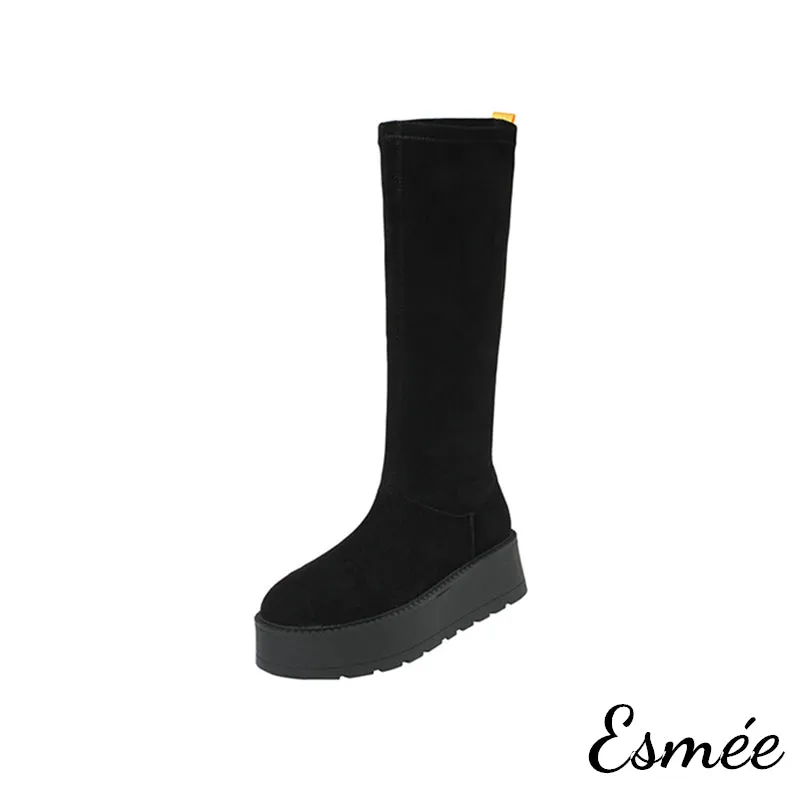 Suede Long Snow Boots with Platform Design