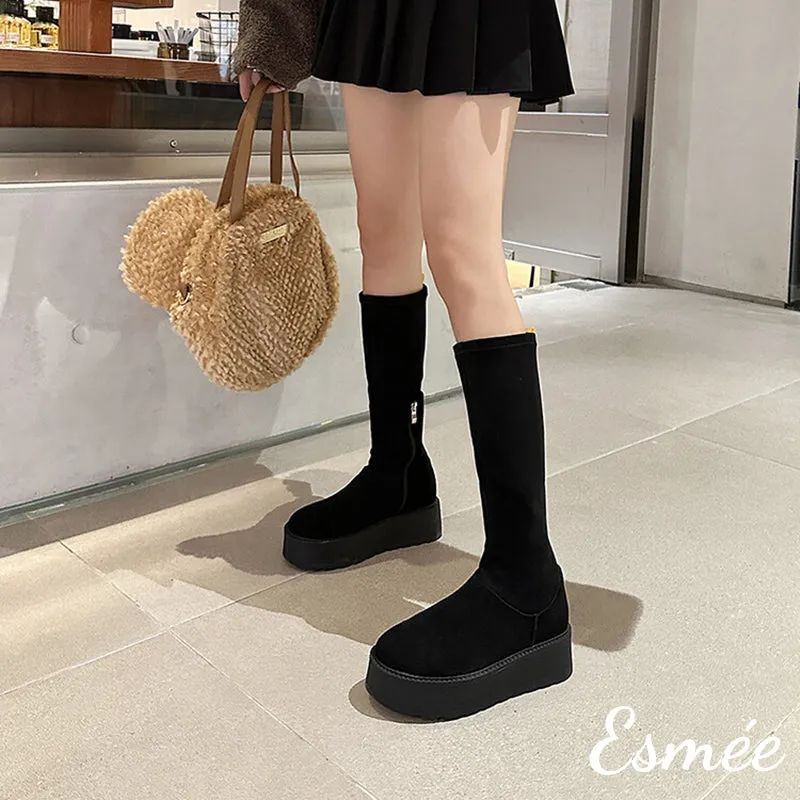 Suede Long Snow Boots with Platform Design