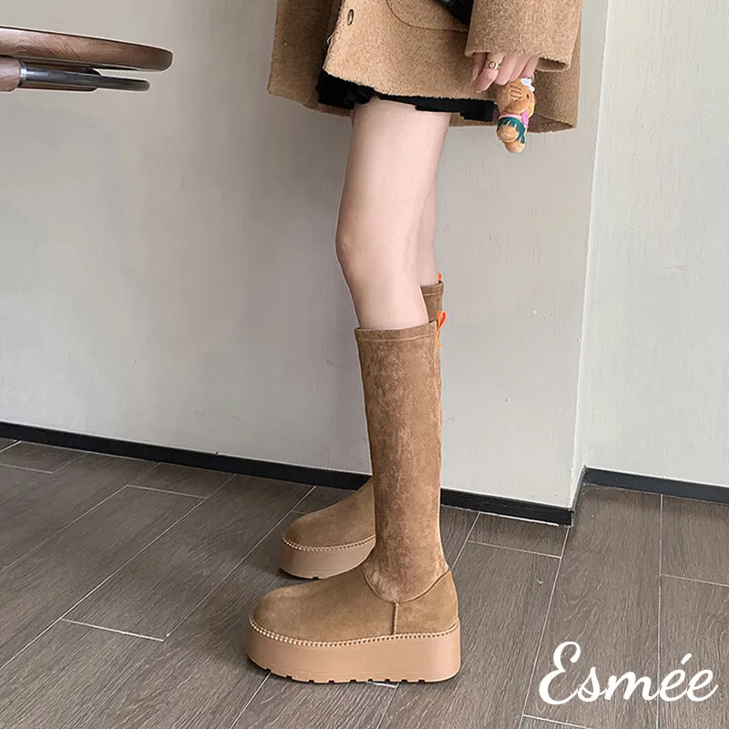 Suede Long Snow Boots with Platform Design