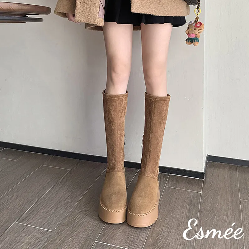 Suede Long Snow Boots with Platform Design