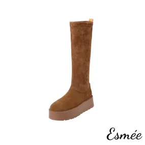 Suede Long Snow Boots with Platform Design