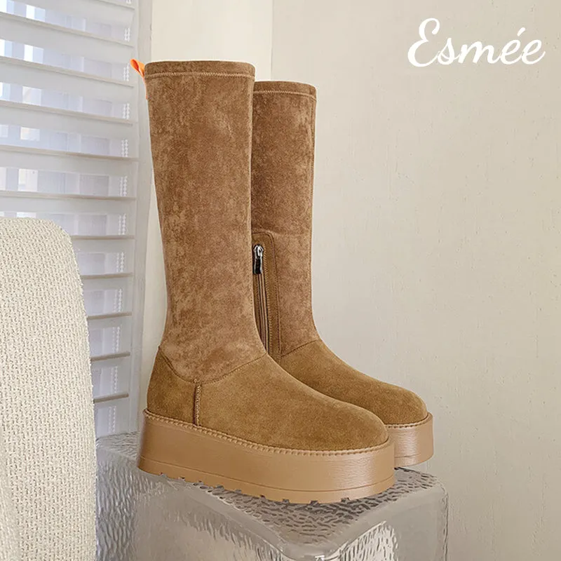 Suede Long Snow Boots with Platform Design