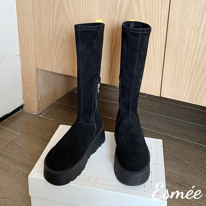 Suede Long Snow Boots with Platform Design