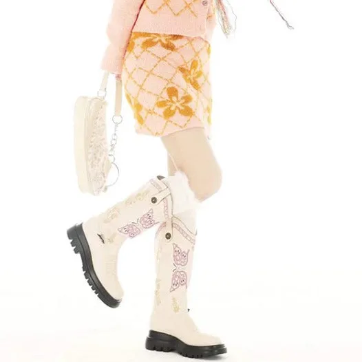 Y2k Modern embroidered cowgirl Inspired boots in the tube V mouth Trendy Flat